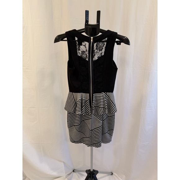 Black and White Striped Peplum Dress with Lace Back - Sleeveless - Picture 2 of 4